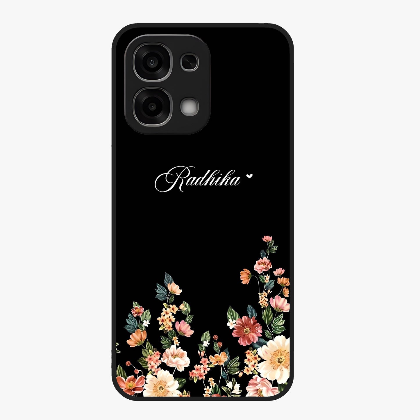 Floral Design With a Custom Personalized Name Glass Case showing flat back view with floral artwork and personalized name design.