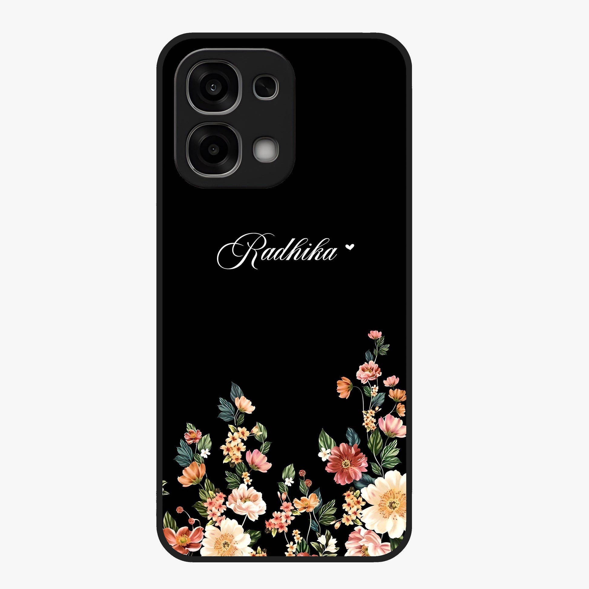 Floral Design With a Custom Personalized Name Glass Case showing flat back view with floral artwork and personalized name design.