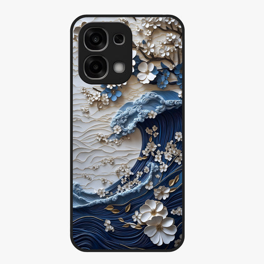 Floral Wave Origami Glass Case showing flat back view with origami inspired floral wave artwork and glossy glass finish.