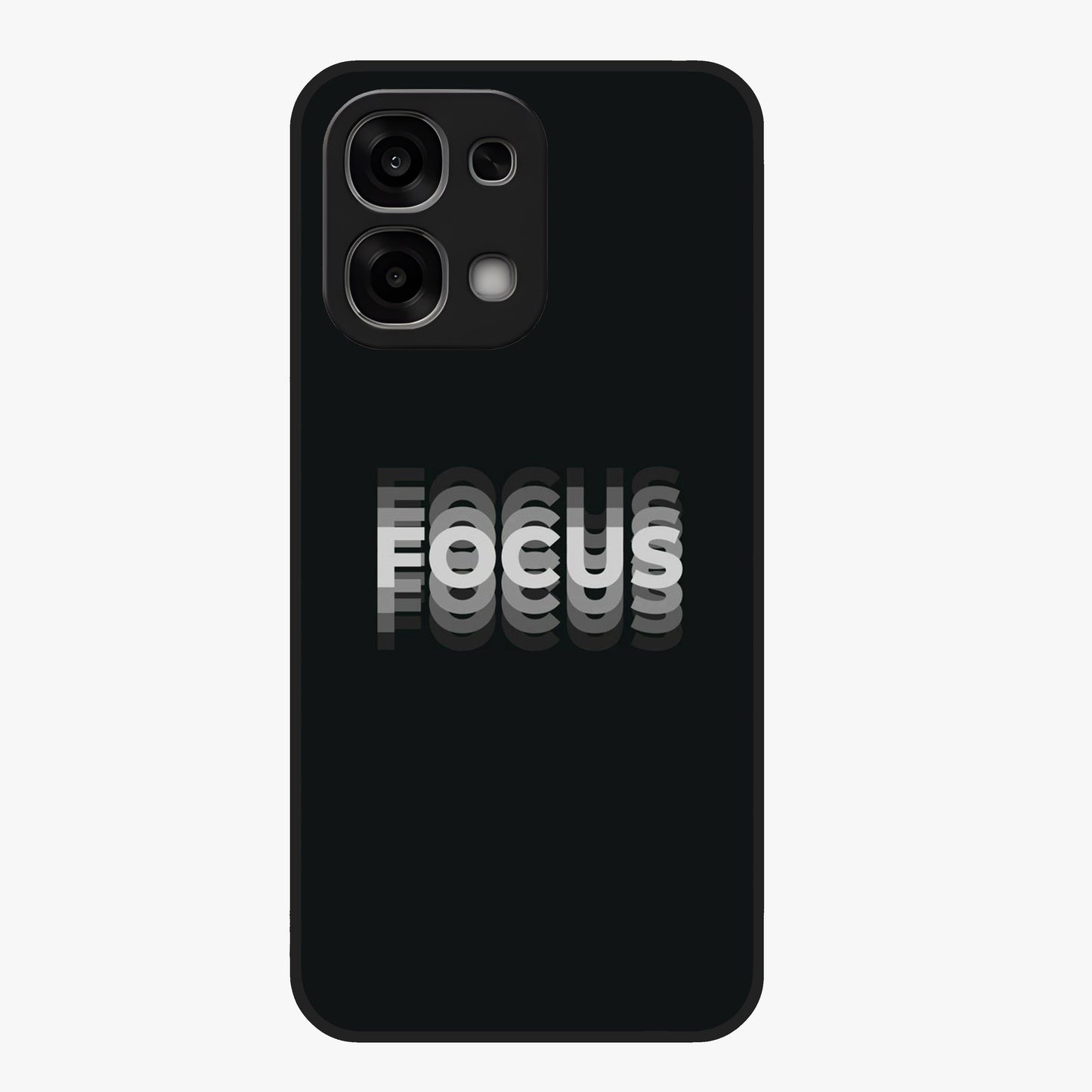 Focus Mode On Glass Case showing flat back view with bold motivational typography design and glossy glass finish.