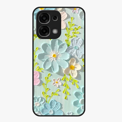 Frosted Petal Garden Glass Case showing flat back view with soft frosted floral artwork and glossy glass finish.