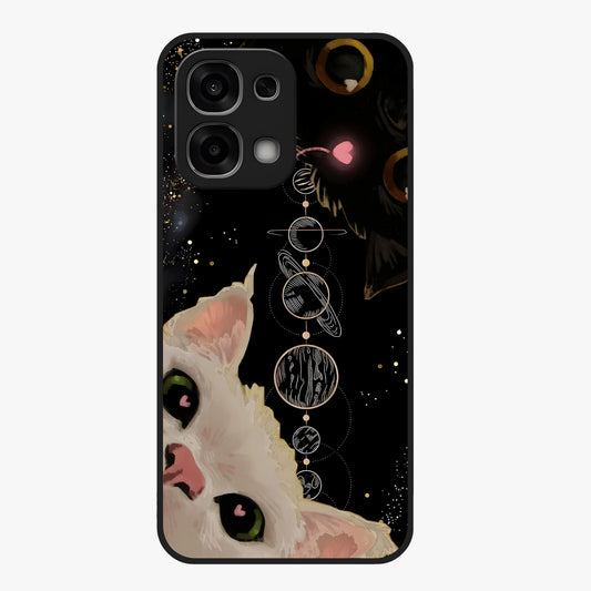 Galactic Cat Glass Case showing flat back view with cosmic cat artwork and glossy glass finish.