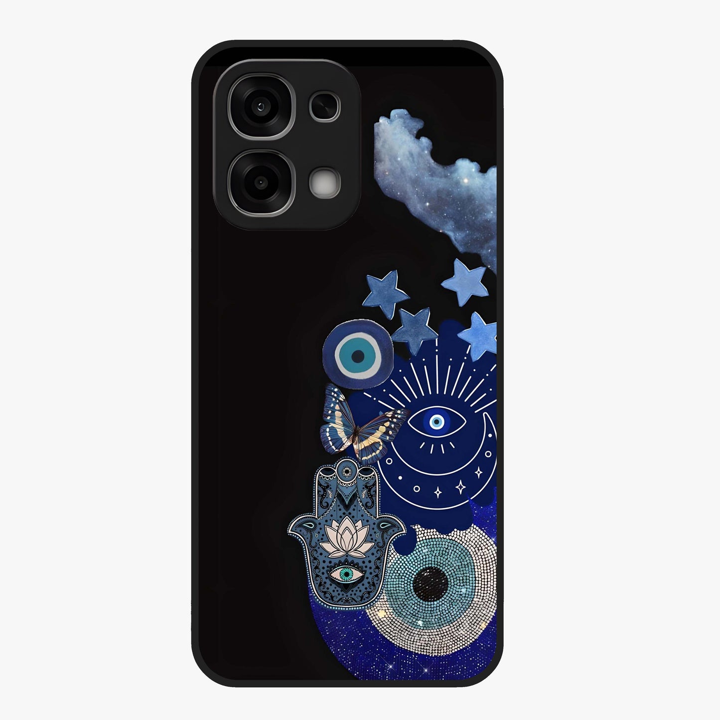 Galactic Charm Cluster Glass Case showing flat back view with glowing celestial charm artwork and glossy glass finish.