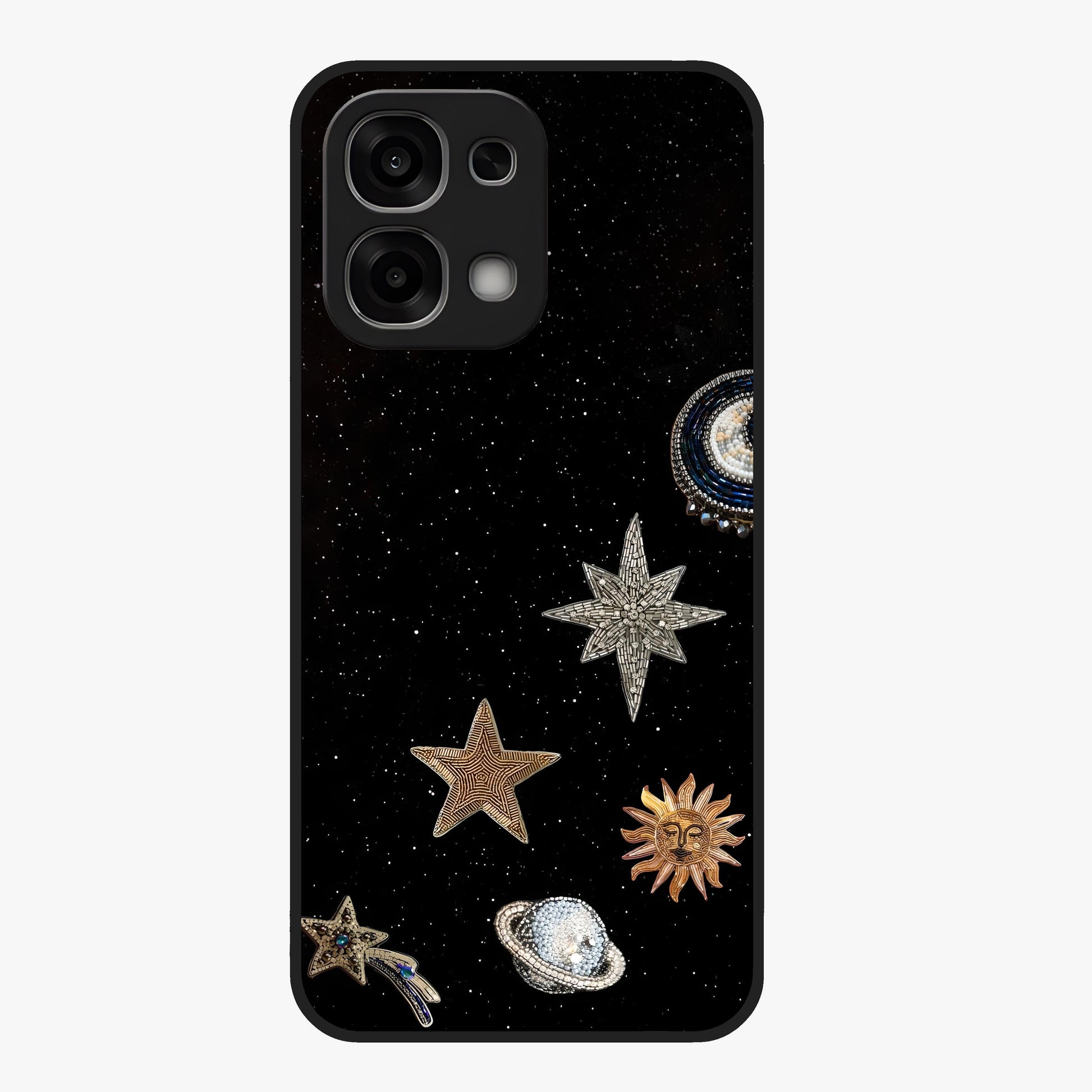 Galactic Charm Glow Glass Case showing flat back view with glowing celestial charm artwork and glossy glass finish.