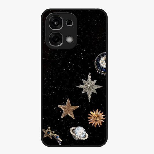 Galactic Charm Glow Glass Case showing flat back view with glowing celestial charm artwork and glossy glass finish.