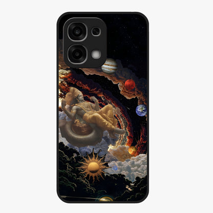 Galactic Divine God Glass Case showing flat back view with divine cosmic themed artwork and glossy glass finish.