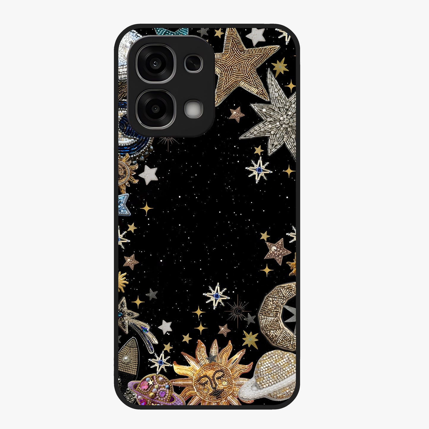 Galactic Jewel Stars Glass Case showing flat back view with sparkling star jewel artwork and glossy glass finish.