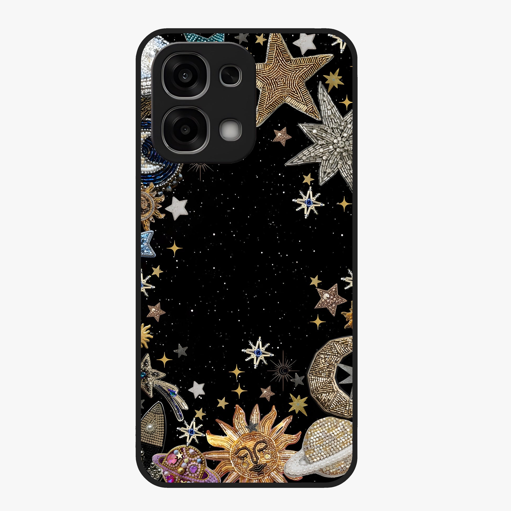 Galactic Jewel Stars Glass Case showing flat back view with sparkling star jewel artwork and glossy glass finish.
