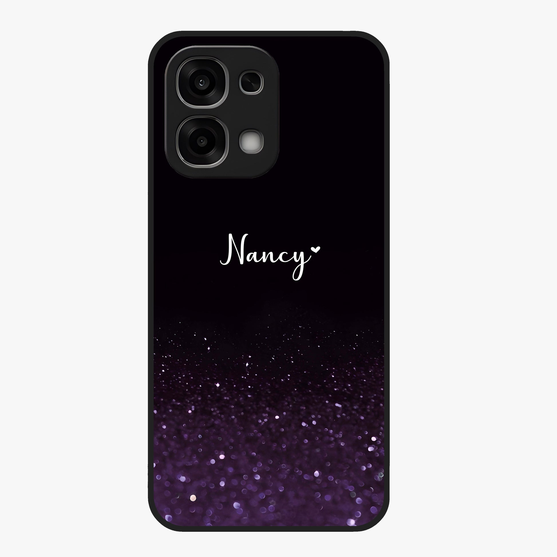 Glittery Purple Bokeh Custom Name Glass Case showing flat back view with purple bokeh sparkle artwork and personalized name design.