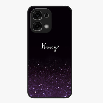 Glittery Purple Bokeh Custom Name Glass Case showing flat back view with purple bokeh sparkle artwork and personalized name design.