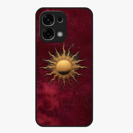 Gold Sun Blush Glass Case showing flat back view with golden sun inspired artwork and glossy glass finish.
