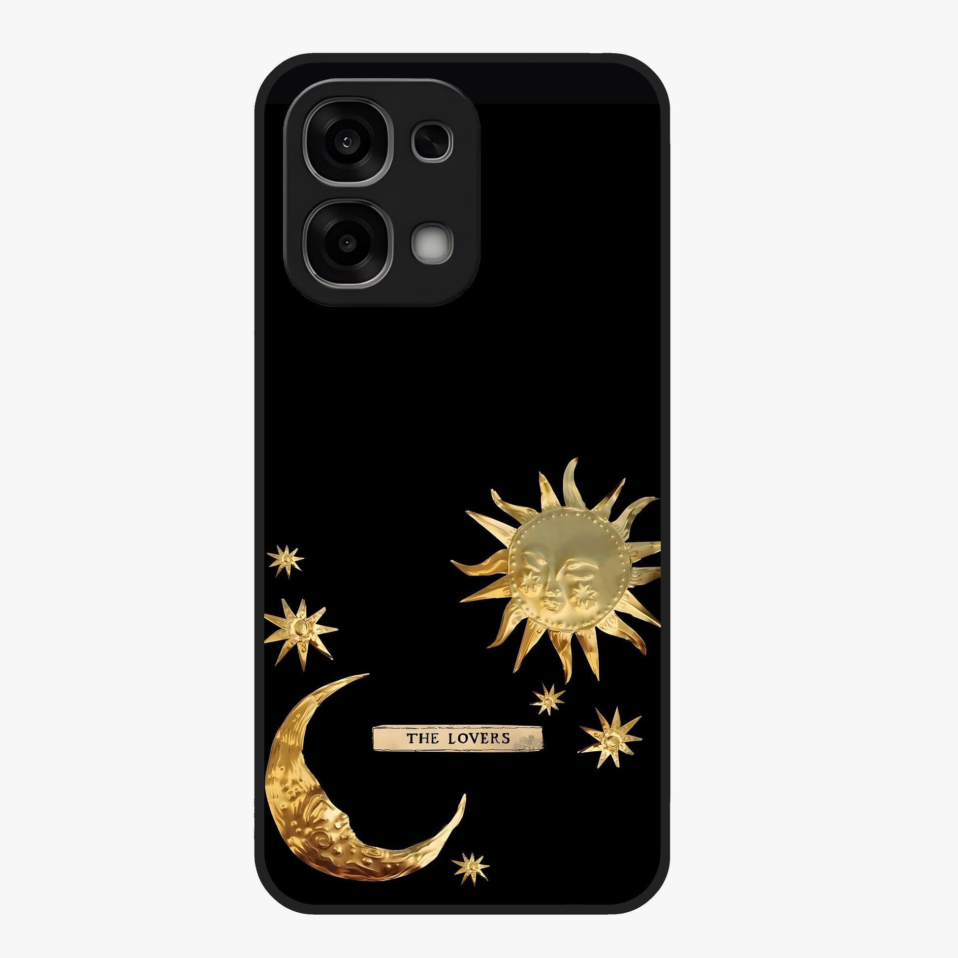 Golden Celestial Charm Glass Case showing flat back view with golden celestial charm artwork and glossy glass finish.