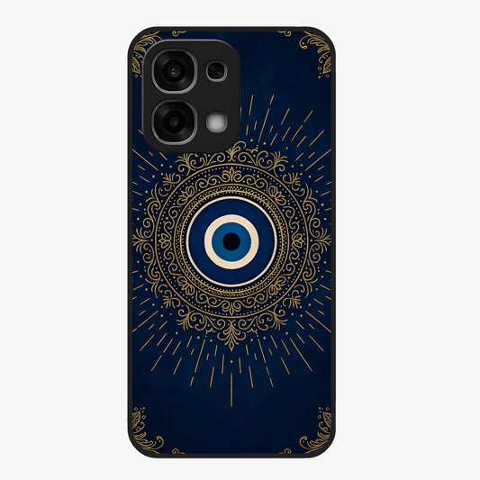Golden Evil Eye Mandala Glass Case showing flat back view with intricate evil eye mandala artwork and glossy glass finish.