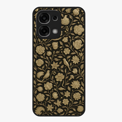 Golden Floral Majesty Glass Case showing flat back view with luxurious golden floral artwork and glossy glass finish.
