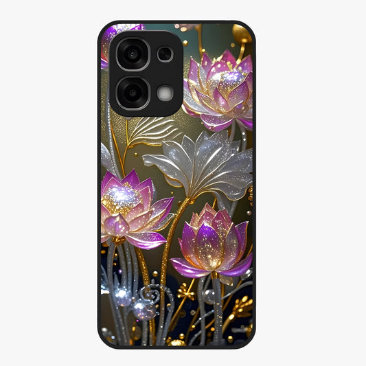 Golden Lotus Glow Glass Case showing flat back view with glowing lotus flower artwork and glossy glass finish.