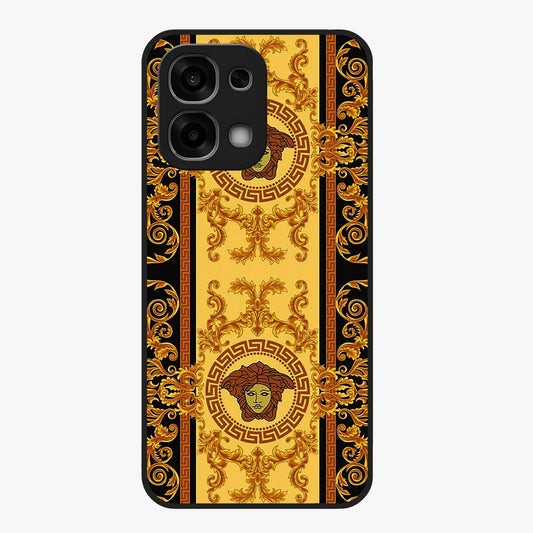Golden Royal Heritage Glass Case showing flat back view with ornate royal pattern artwork and glossy glass finish.