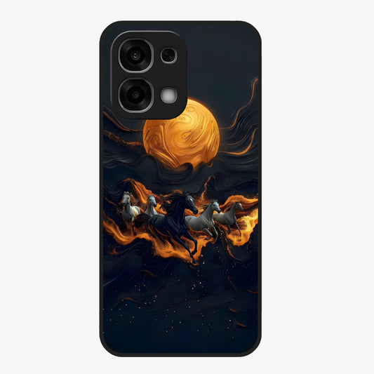 Golden Stallion Moonride Glass Case showing flat back view with majestic horse under moonlight artwork and glossy glass finish.
