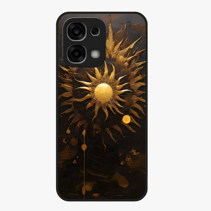 Golden Sun Majesty Glass Case showing flat back view with radiant golden sun artwork and glossy glass finish.