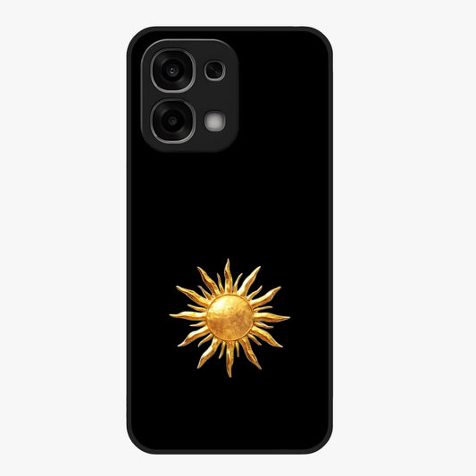 Golden Sun Minimalism Glass Case showing flat back view with minimal golden sun artwork and glossy glass finish.