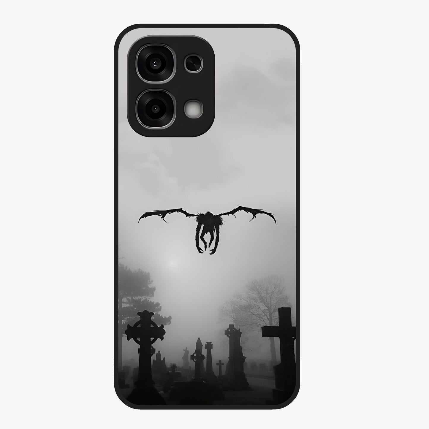 Graveyard Shadow Descent Glass Case showing flat back view with dark graveyard themed artwork and glossy glass finish.
