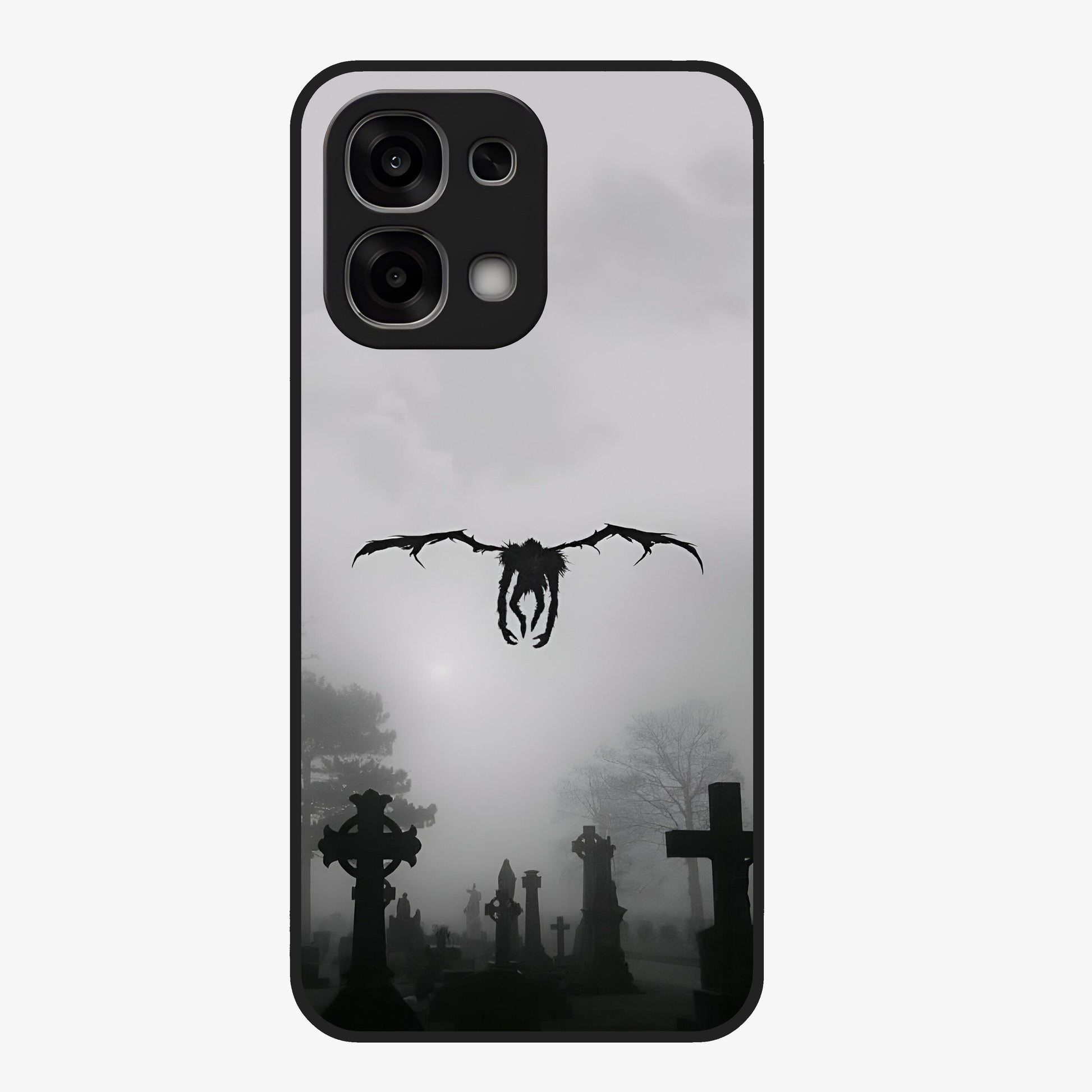 Graveyard Shadow Descent Glass Case showing flat back view with dark graveyard themed artwork and glossy glass finish.