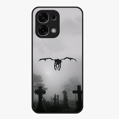Graveyard Shadow Descent Glass Case showing flat back view with dark graveyard themed artwork and glossy glass finish.