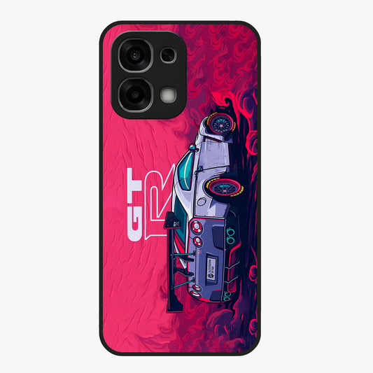 GT-R Car Pattern Glass Case showing flat back view with sporty car inspired pattern artwork and glossy glass finish.