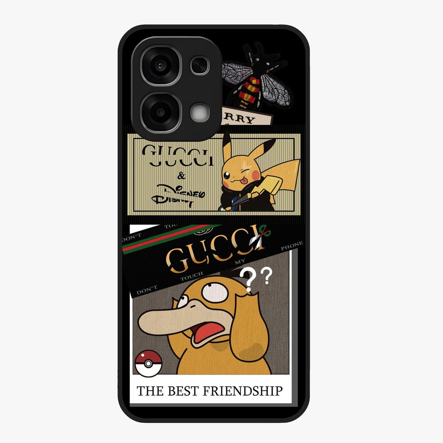 Gucci Play Mashup Glass Case showing flat back view with luxury inspired graphic artwork and glossy glass finish.