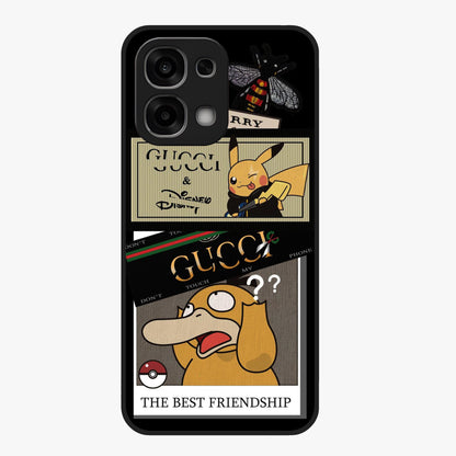 Gucci Play Mashup Glass Case showing flat back view with luxury inspired graphic artwork and glossy glass finish.