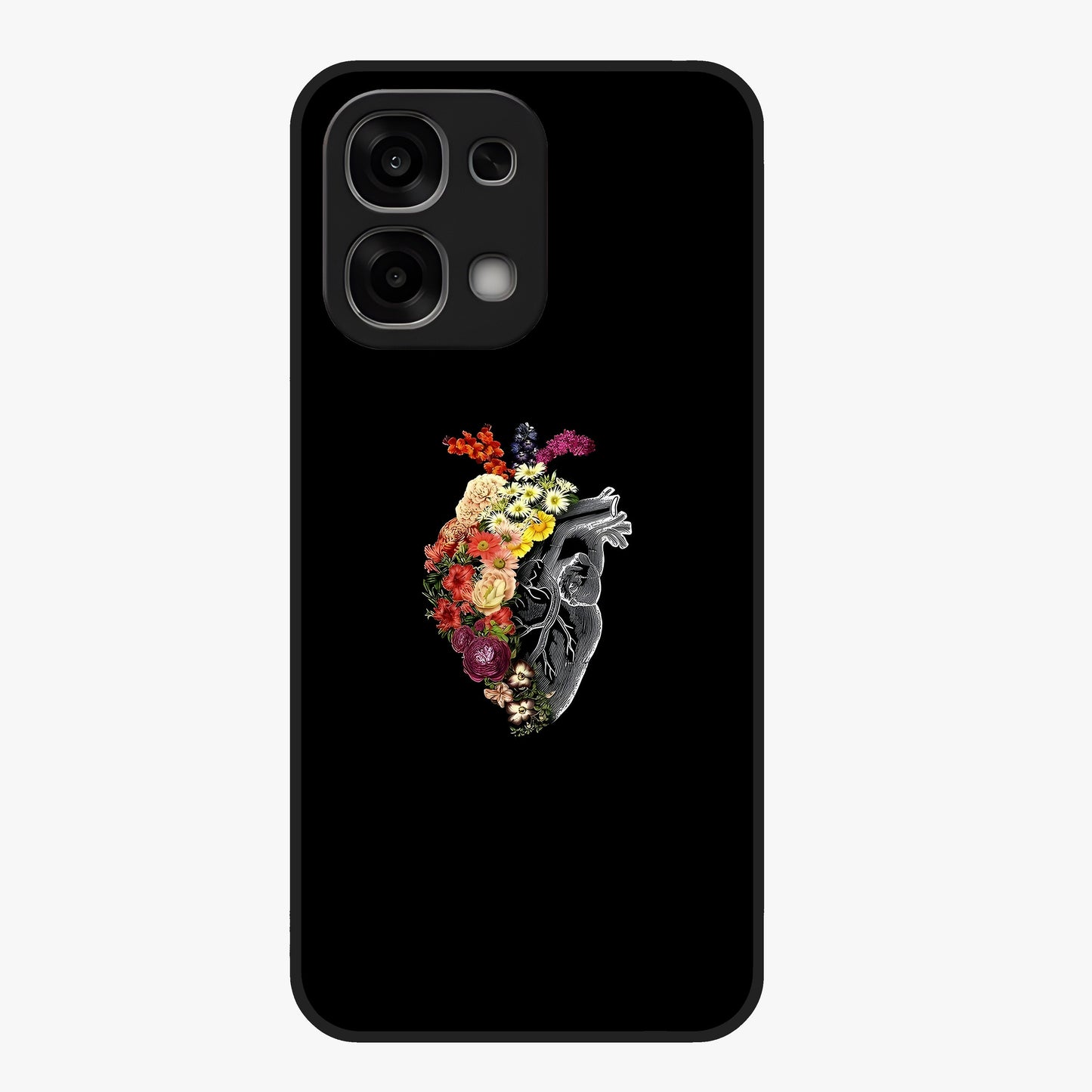 Heart With Flowers Glass Case showing flat back view with heart shaped floral artwork and glossy glass finish.