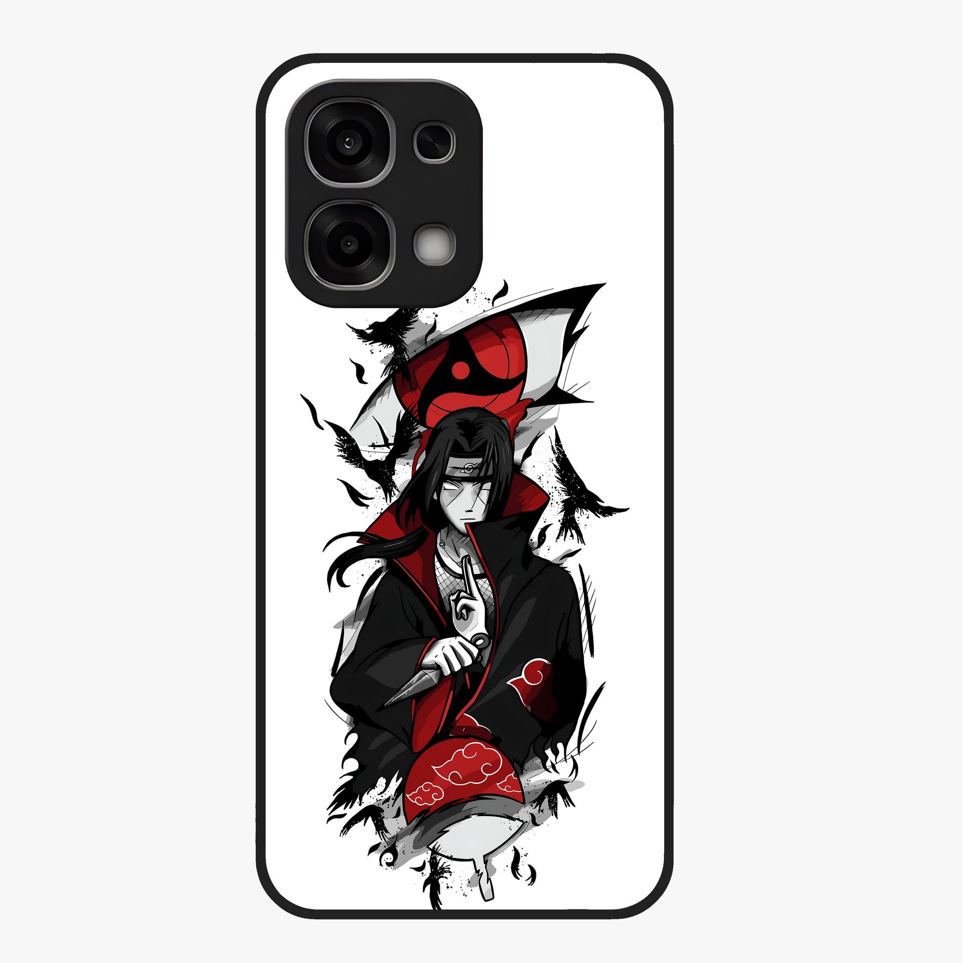 Itachi Sharingan Glass Case showing flat back view with powerful anime eye artwork and glossy glass finish.