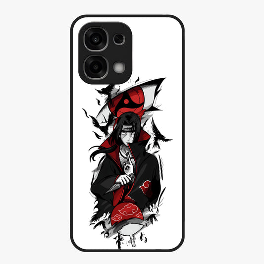 Itachi Sharingan Glass Case showing flat back view with powerful anime eye artwork and glossy glass finish.