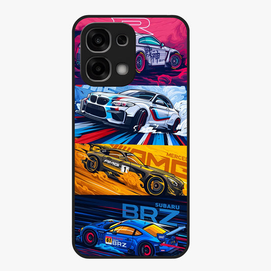 JDM Sports Car Glass Case showing flat back view with high performance sports car artwork and glossy glass finish.