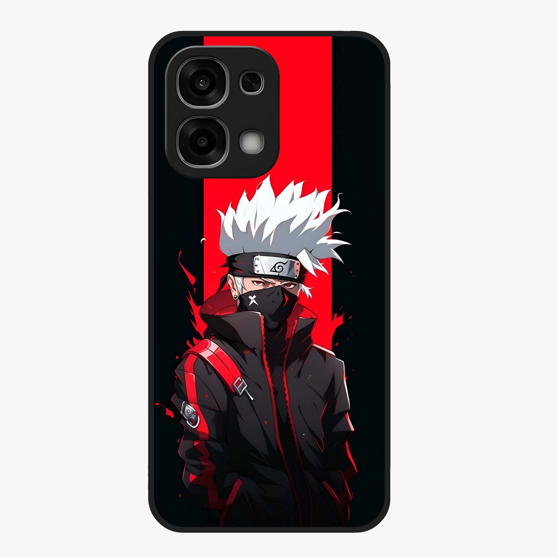 Kakashi Scarlet Shadow Glass Case showing flat back view with powerful anime ninja artwork and glossy glass finish.