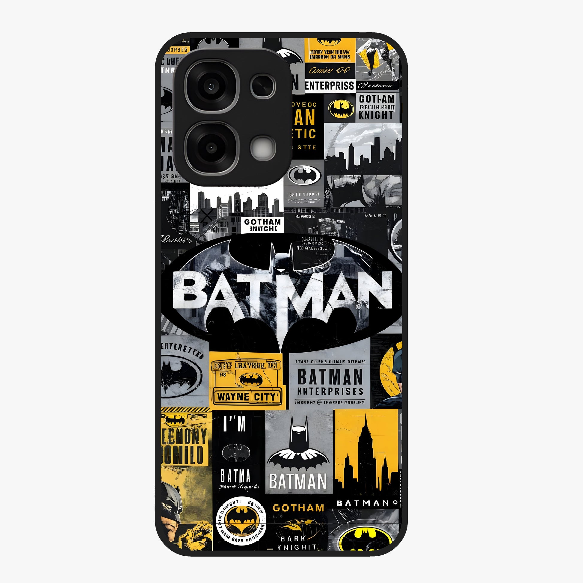 Knight Gotham Rise Glass Case showing flat back view with dark hero inspired artwork and glossy glass finish.