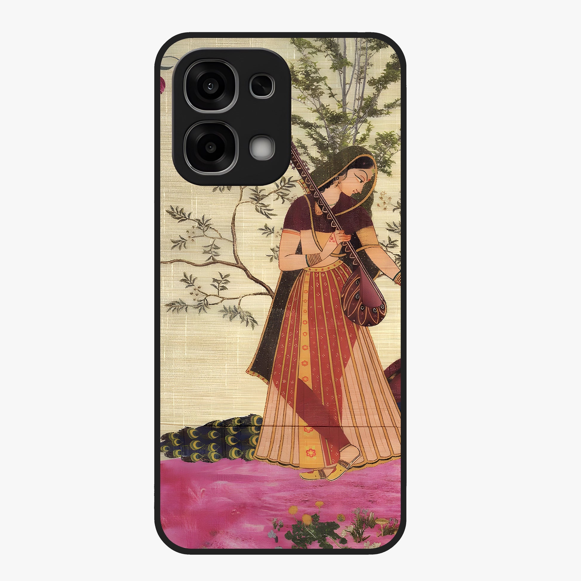 Lady With Veena Art Glass Case showing flat back view with elegant woman playing veena artwork and glossy glass finish.