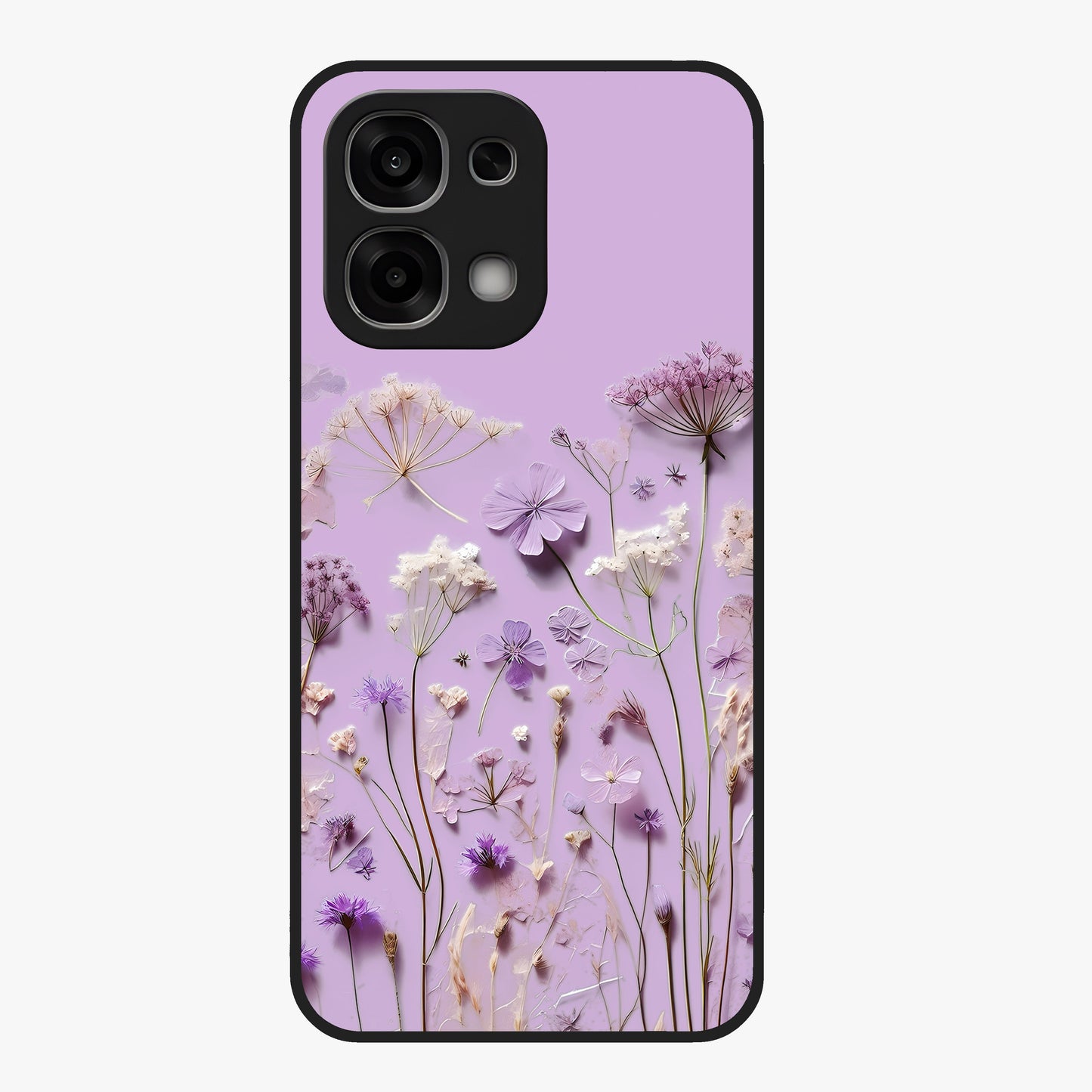Lavender Blossom Dream Glass Case showing flat back view with soft lavender floral artwork and glossy glass finish.