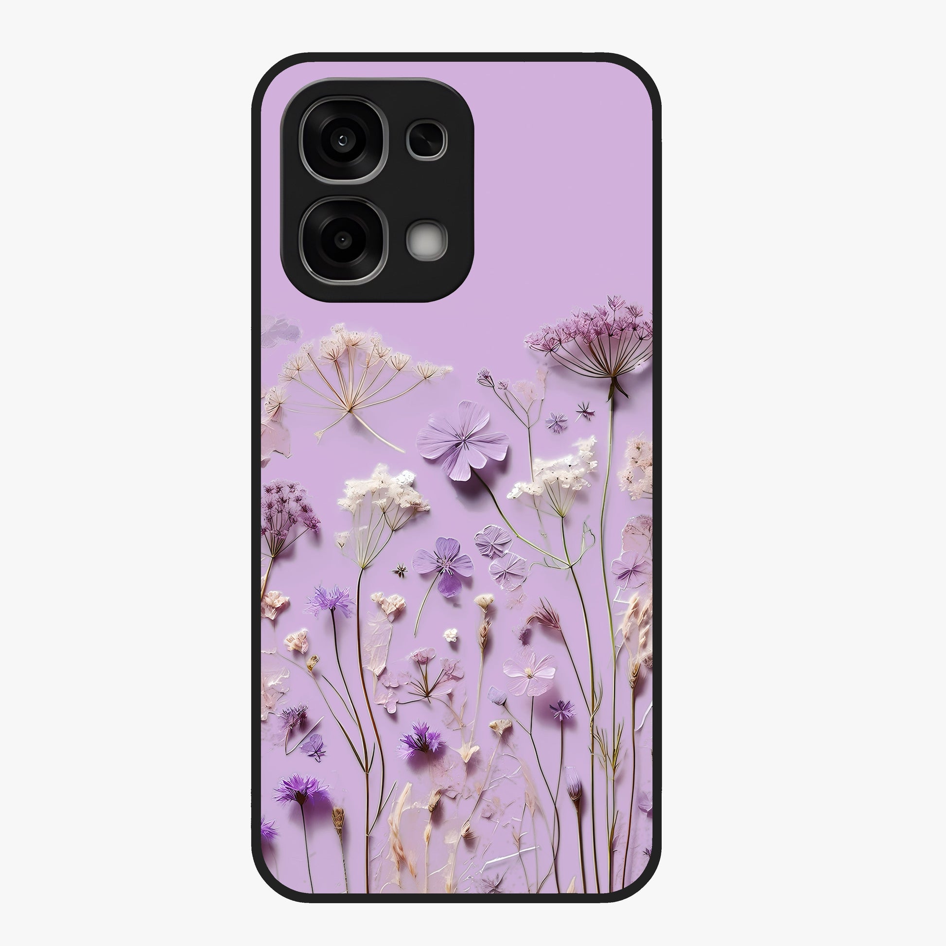Lavender Blossom Dream Glass Case showing flat back view with soft lavender floral artwork and glossy glass finish.