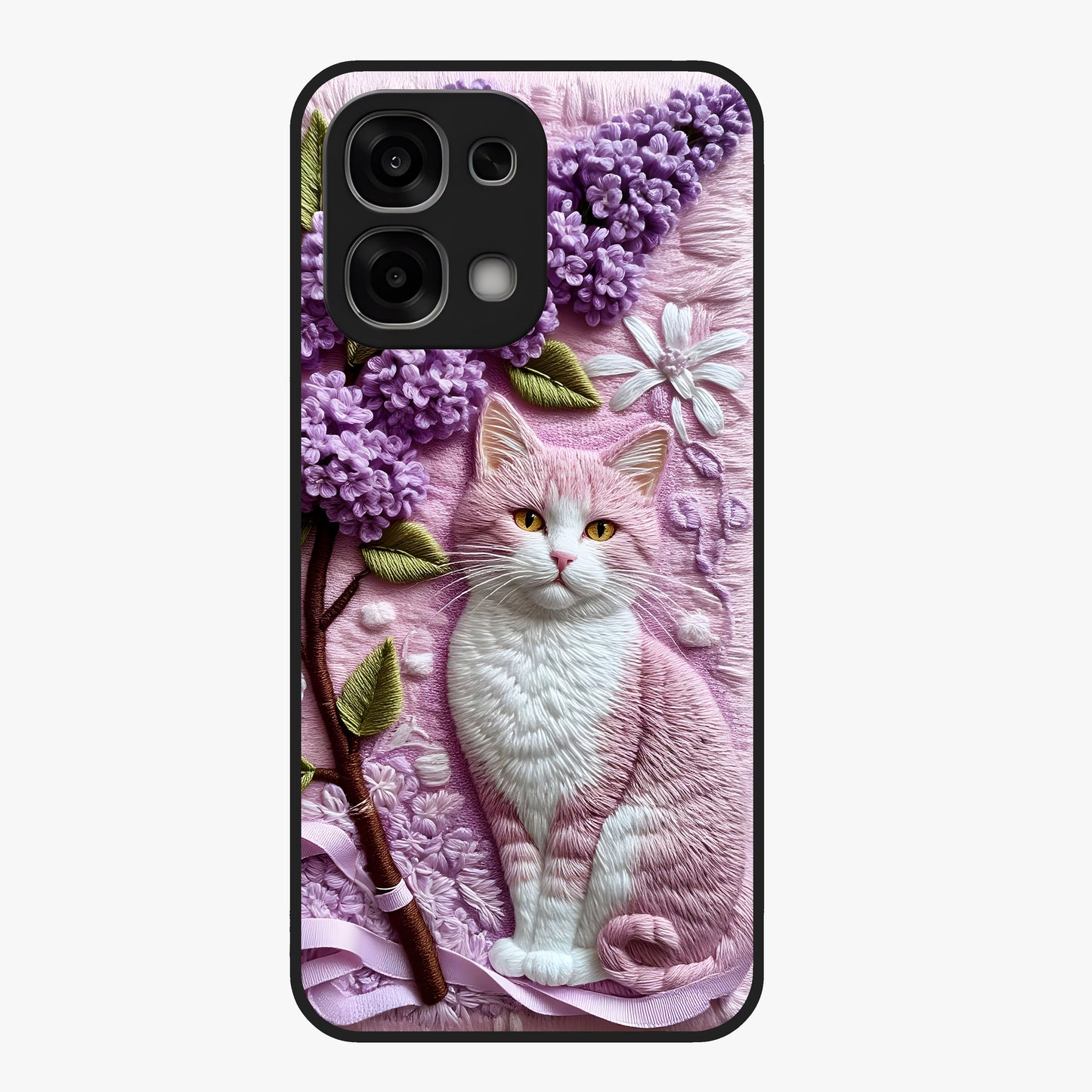 Lavender Cat Whimsy Glass Case showing flat back view with cute lavender cat artwork and glossy glass finish.