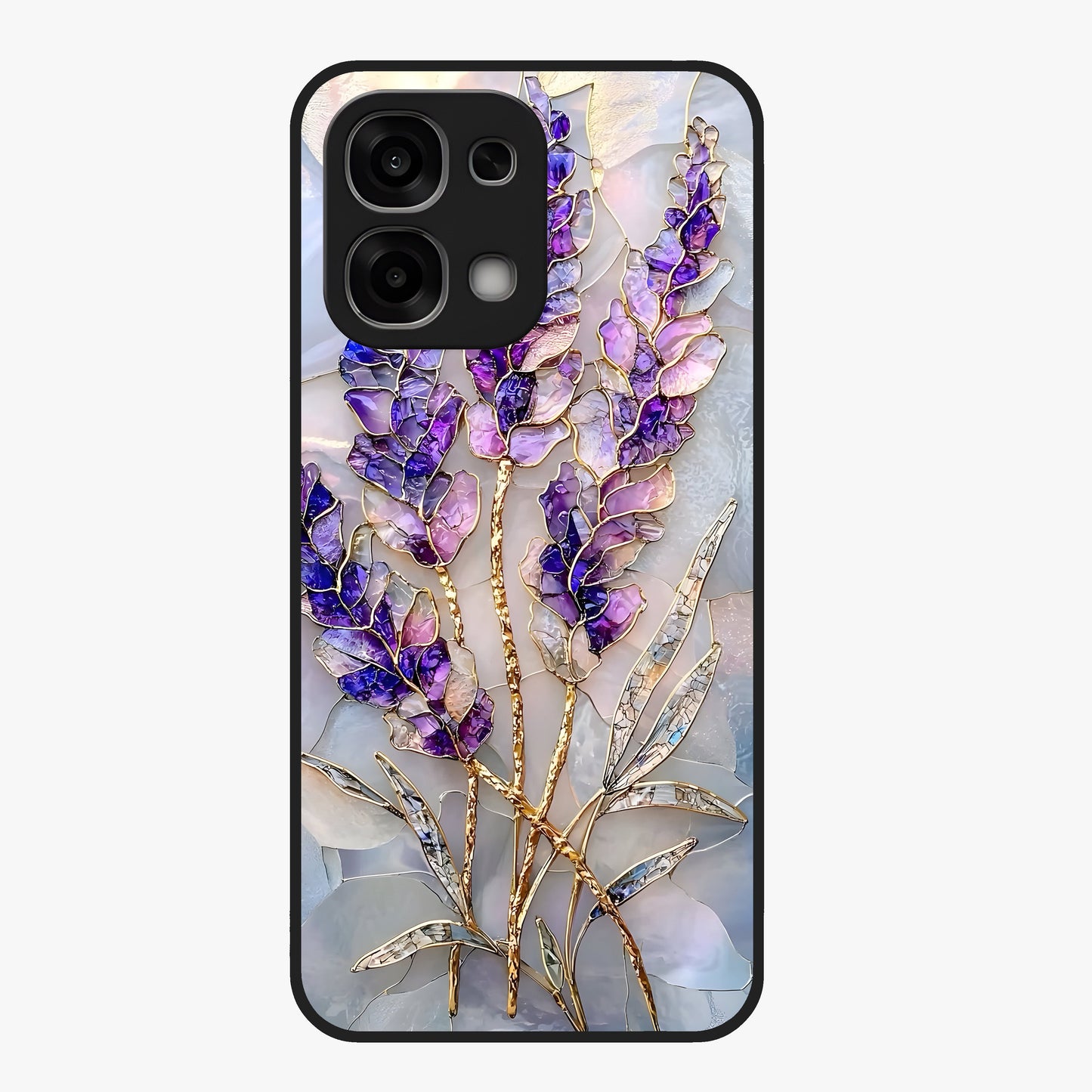 Lavender Dream Glow Glass Case showing flat back view with glowing lavender aesthetic artwork and glossy glass finish.