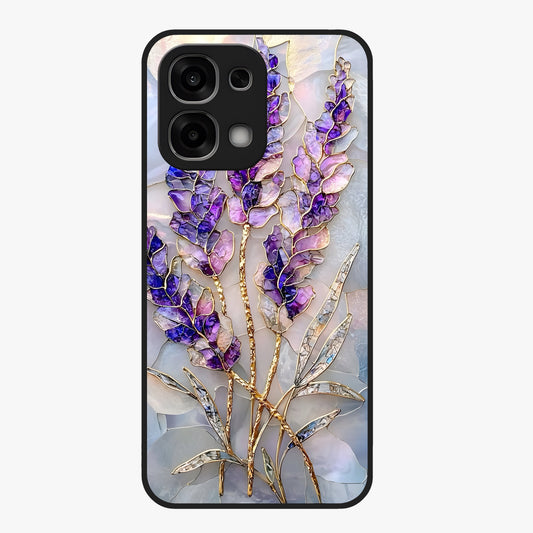 Lavender Dream Glow Glass Case showing flat back view with glowing lavender aesthetic artwork and glossy glass finish.