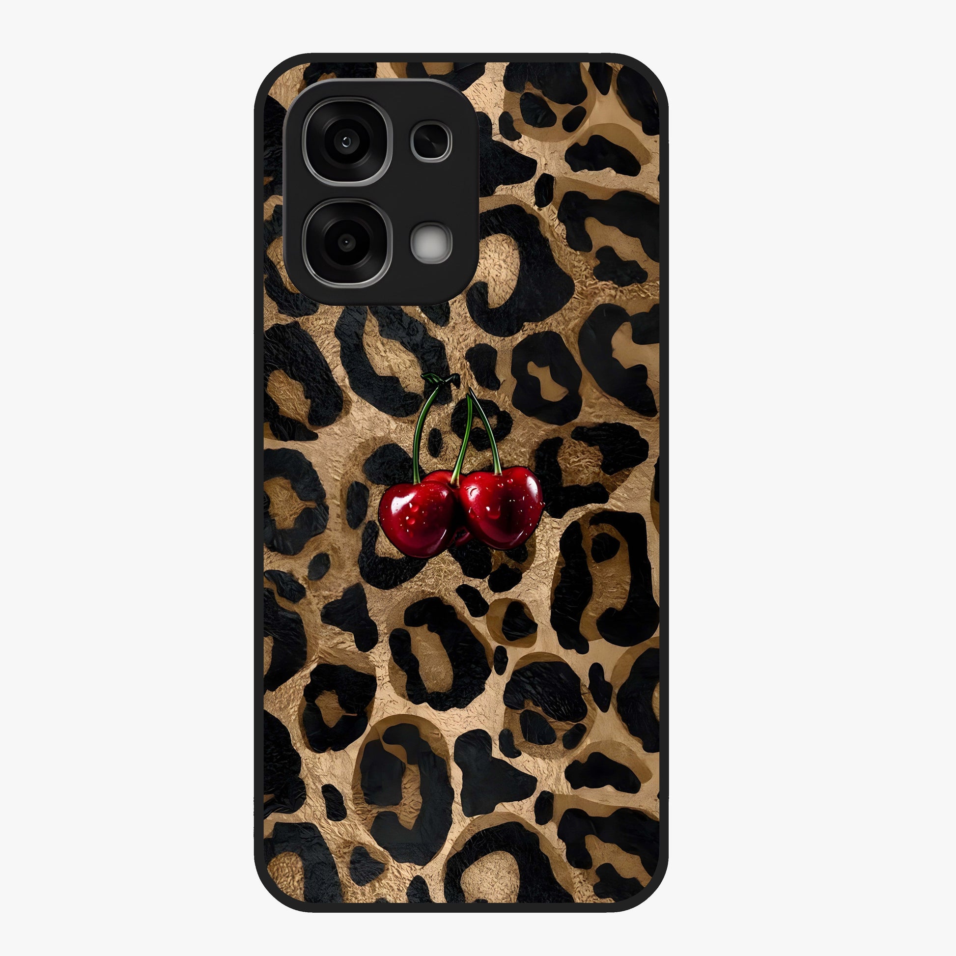Leopard Wild Cherry Glass Case showing flat back view with leopard pattern and cherry artwork and glossy glass finish.