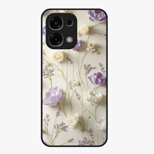 Lilac Breeze Harmony Glass Case showing flat back view with soft lilac themed artwork and glossy glass finish.