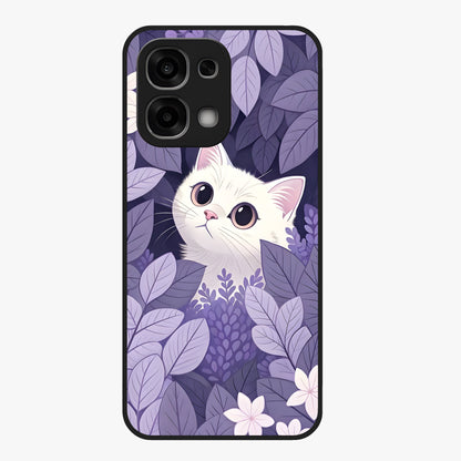 Lilac Hide Peek Cat Glass Case showing flat back view with cute peeking cat artwork and glossy glass finish.