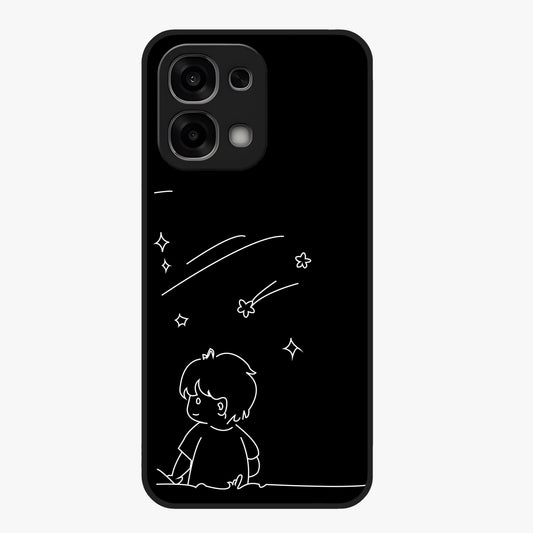 Line Art Boy With Shooting Stars Glass Case showing flat back view with minimal line art boy and shooting stars illustration and glossy glass finish.