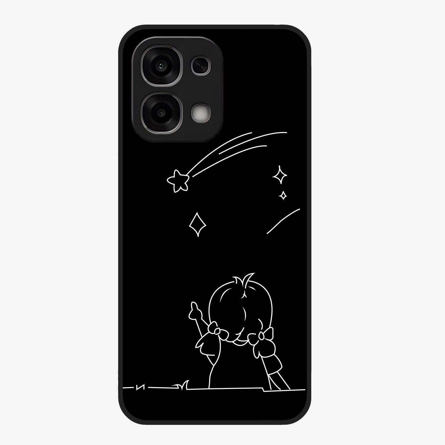 Line Art Girl With Shooting Stars Glass Case showing flat back view with minimal line art girl and shooting stars illustration and glossy glass finish.