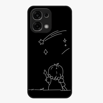 Line Art Girl With Shooting Stars Glass Case showing flat back view with minimal line art girl and shooting stars illustration and glossy glass finish.