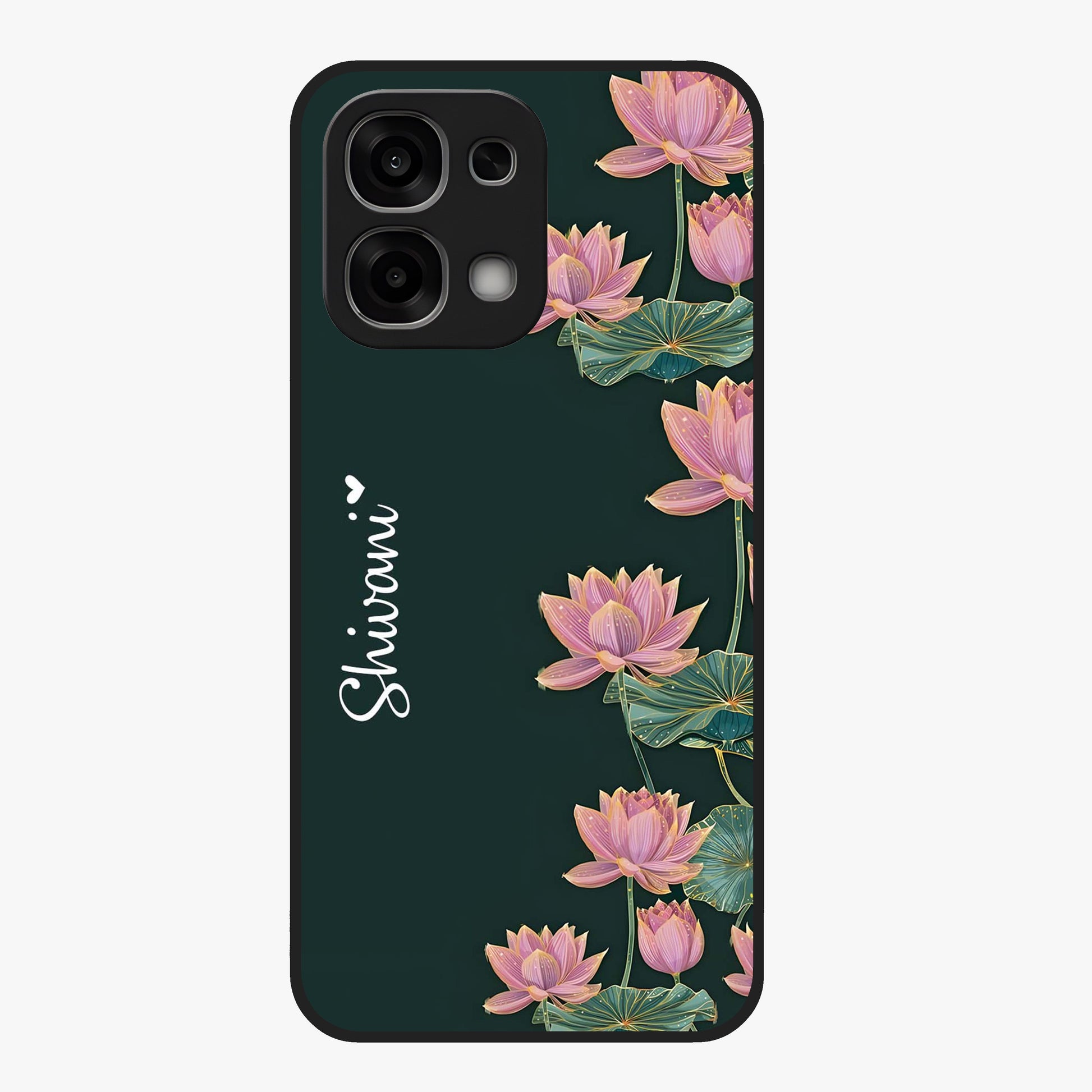 Lotus Bloom Serenity Custom Name Glass Case showing flat back view with elegant lotus flower artwork and personalized name design.