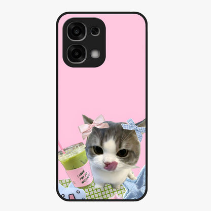 Love Matcha Cat Glass Case showing flat back view with cute cat and matcha themed artwork and glossy glass finish.