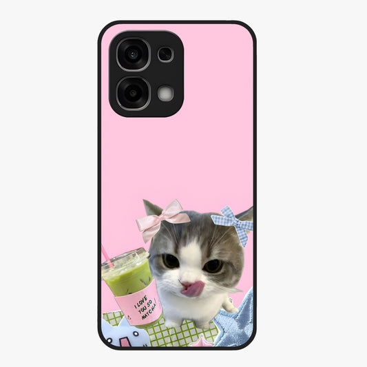Love Matcha Cat Glass Case showing flat back view with cute cat and matcha themed artwork and glossy glass finish.